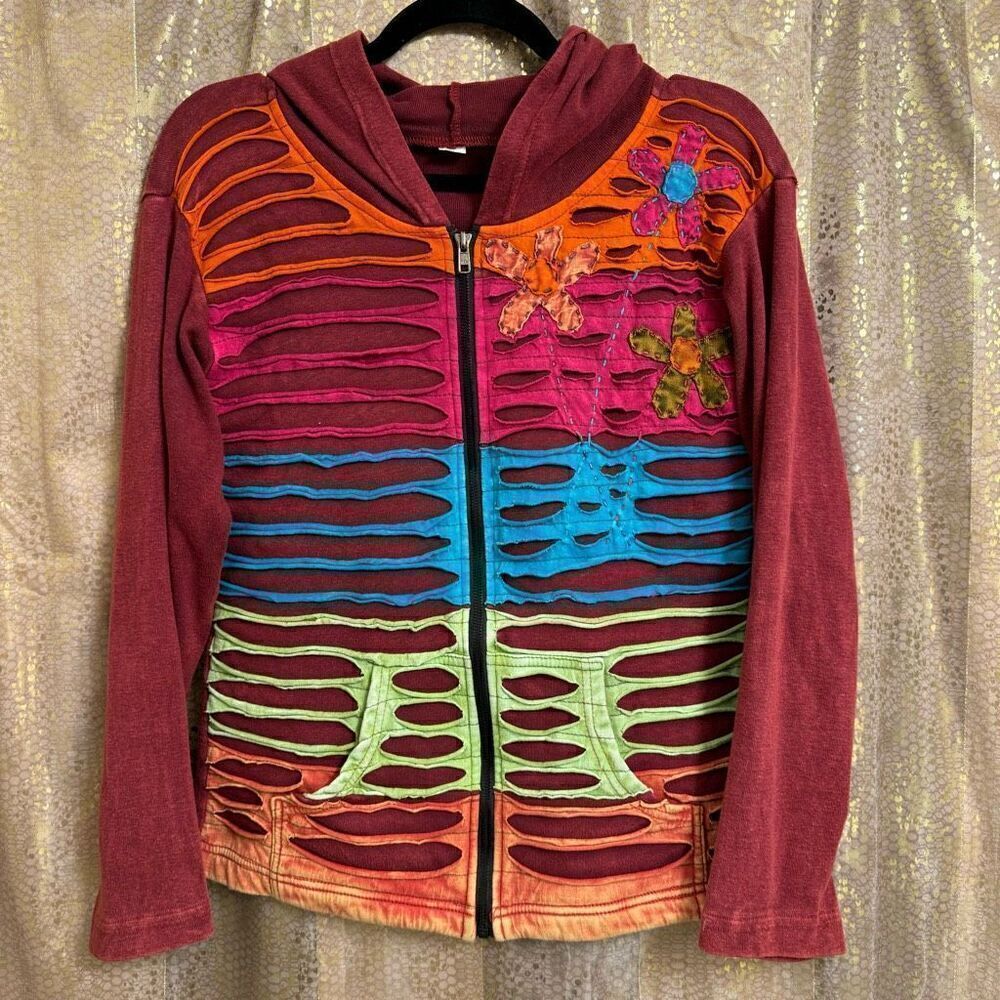 Himalayan Nepal Boho Handmade Cottagecore Flower Zip Sweater Medium